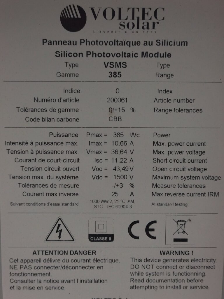 Caractéristiques des panneaux photovoltaïques reliés au routeur solaire